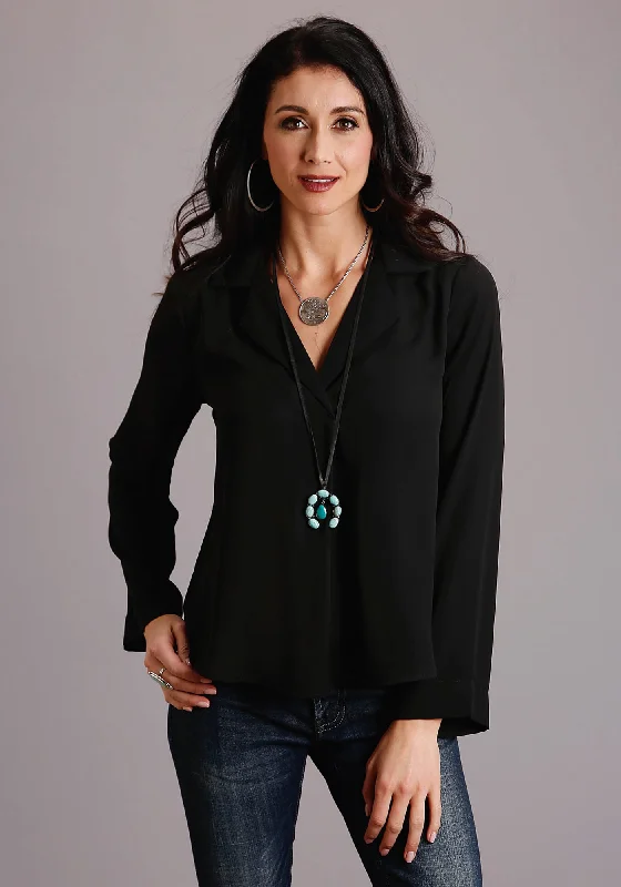 Stetson Womens Black Polyester Notch Collar L/S Blouse Sheer Mesh Blouse