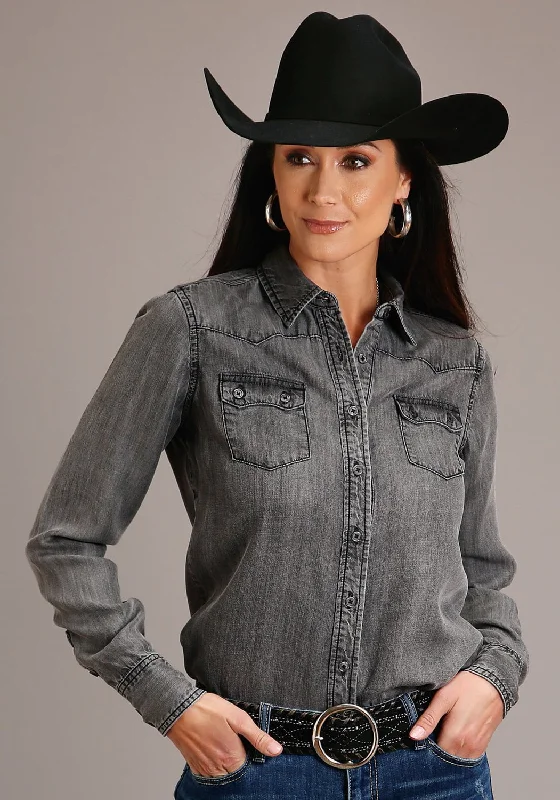 Stetson Womens Black Wash Denim Boyfriend Fit L/S Blouse Polished Work Blouse