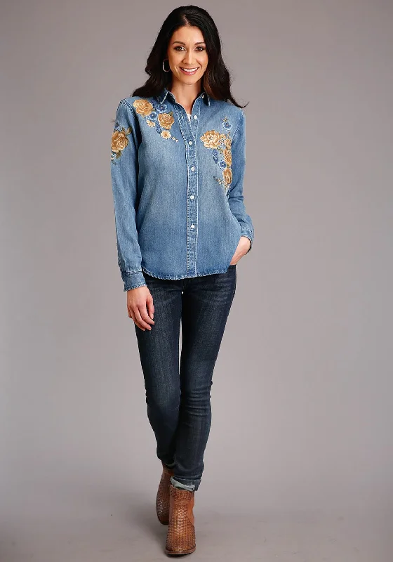 Stetson Womens Blue Denim Floral Embroidery L/S Blouse Elegant Silk Blouse