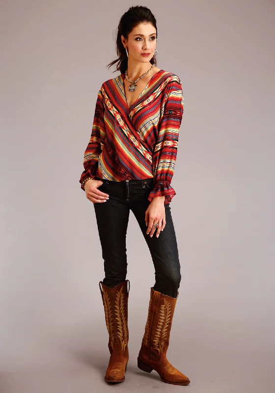 Stetson Womens Multi-Color Rayon/Nylon Serape Stripe L/S Blouse Frilled Cuff Blouse