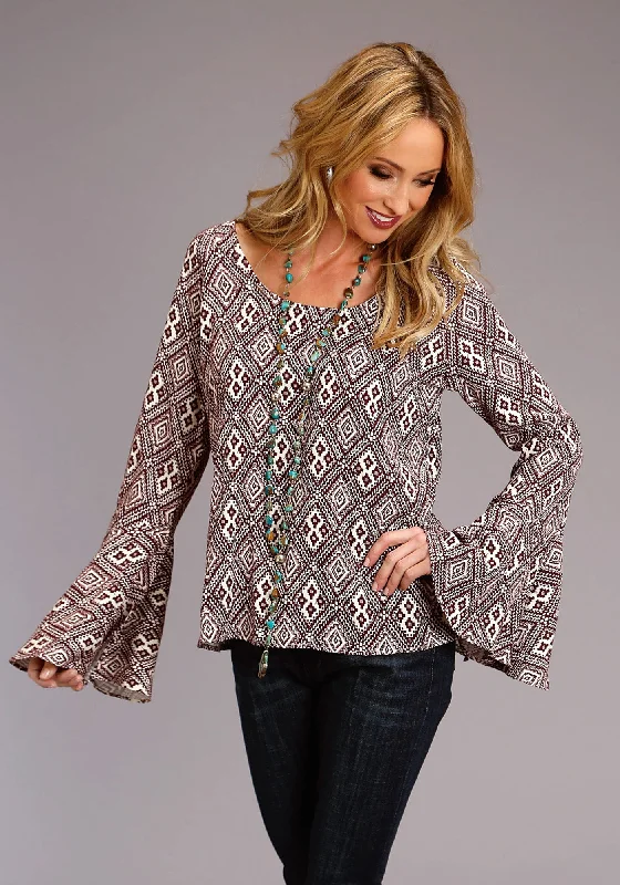 Stetson Womens Wine Rayon/Nylon Aztec Print L/S Blouse Embellished Collar Blouse