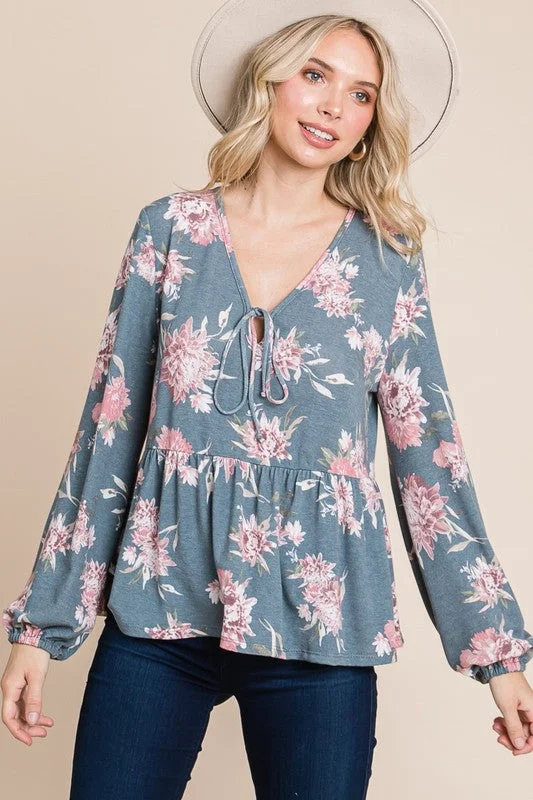 Super Lady Full Size Babydoll Floral Long Sleeve Blouse Pastel Color Blouse