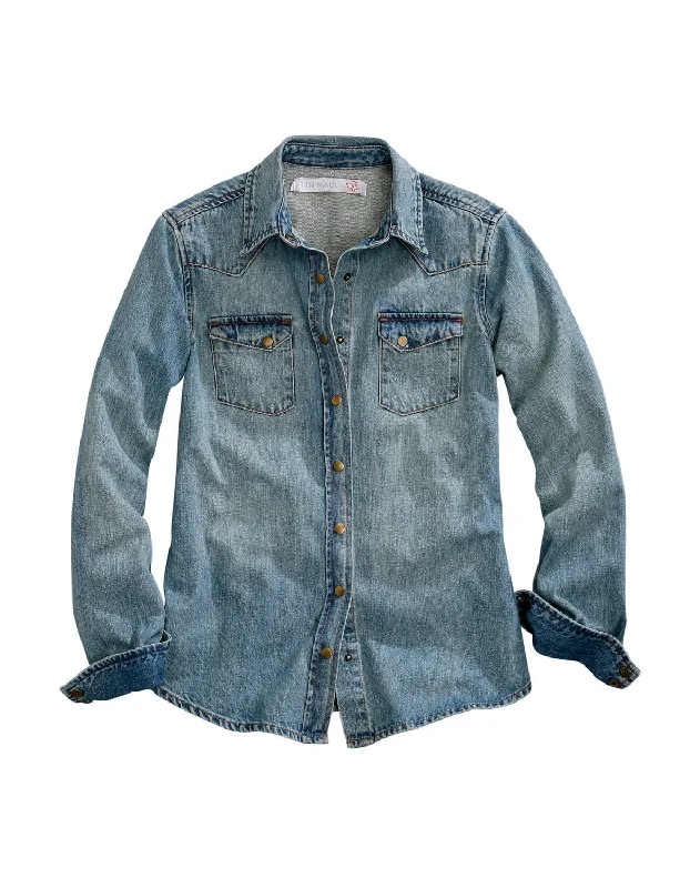 Tin Haul Womens Blue 100% Cotton Boyfriend Fit Blouse L/S Shirt Bell Sleeve Blouse