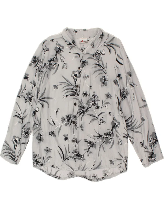 VINTAGE Womens Shirt Blouse EU 38 Medium Grey Floral Viscose High Neck Blouse