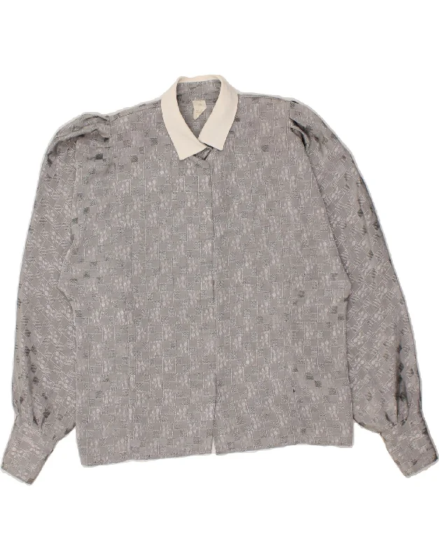 VINTAGE Womens Shirt Blouse EU 38 Medium Grey Floral Feminine Ruffle Blouse