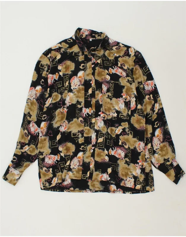 VINTAGE Womens Shirt Blouse EU 42 Large Black Floral Viscose Feminine Puff Blouse