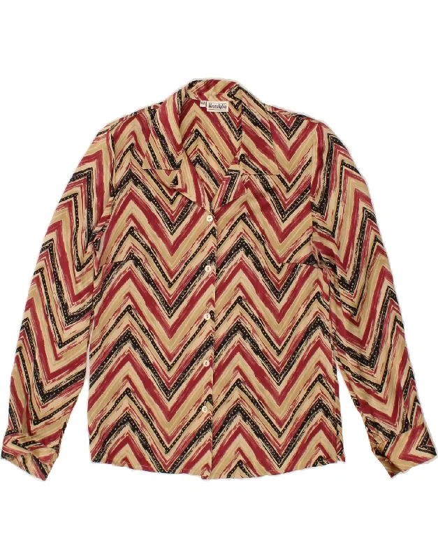 VINTAGE Womens Shirt Blouse IT 42 Medium Beige Chevron Silk Soft Satin Blouse