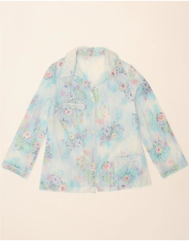 VINTAGE Womens Shirt Blouse UK 12 Medium Blue Floral Polyester Lightweight Tunic Blouse