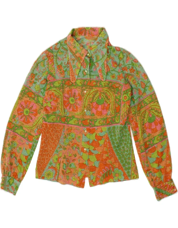 VINTAGE Womens Shirt Blouse UK 12 Medium Green Floral Casual Button Blouse