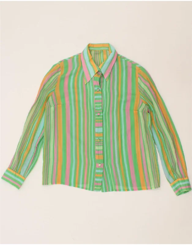 VINTAGE Womens Shirt Blouse UK 12 Medium Green Striped Feminine Tie Blouse