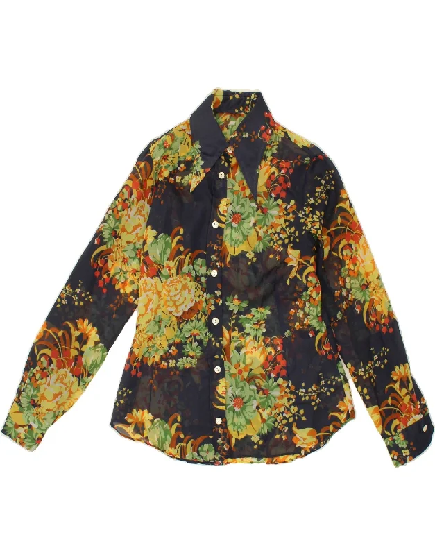 VINTAGE Womens Shirt Blouse UK 12 Medium Navy Blue Floral Feminine Satin Blouse