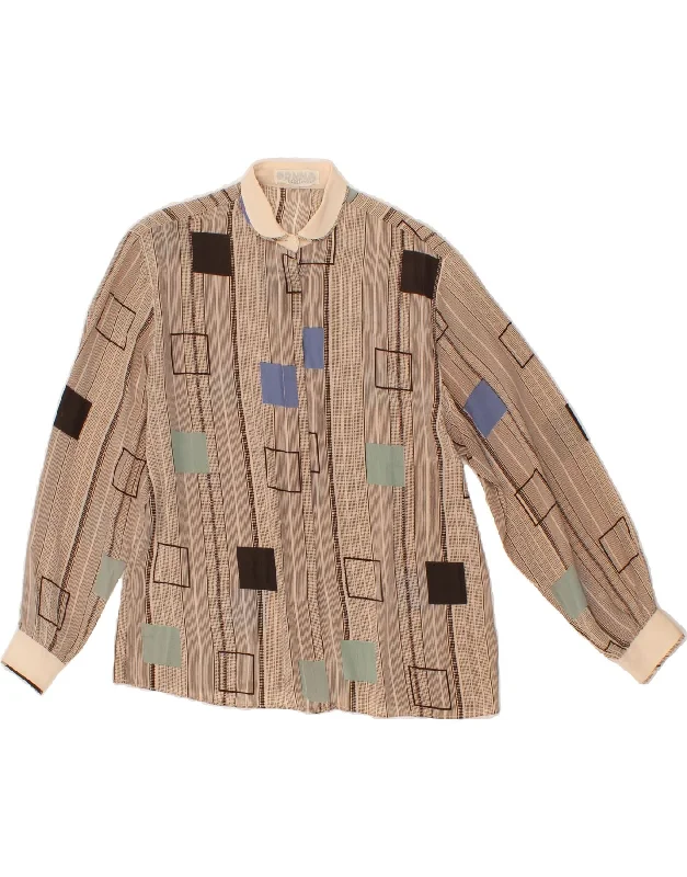 VINTAGE Womens Shirt Blouse UK 14 Large Beige Geometric Lightweight Linen Blouse