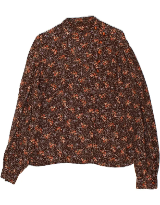 VINTAGE Womens Shirt Blouse UK 14 Large Brown Floral Mandarin Collar Blouse