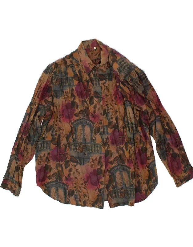 VINTAGE Womens Shirt Blouse UK 14 Large Brown Floral Acetate Satin Bow Blouse