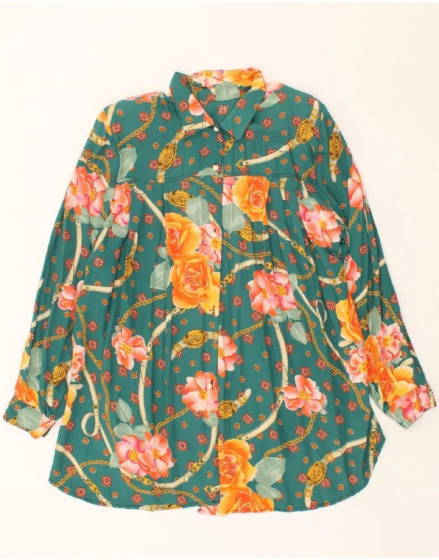 VINTAGE Womens Shirt Blouse UK 14 Large Green Floral Chic Wrap Blouse