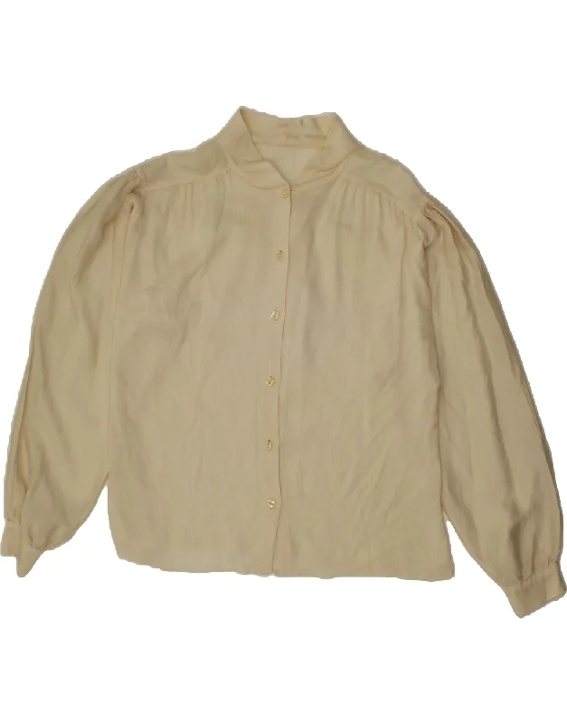 VINTAGE Womens Shirt Blouse UK 14 Large Off White Check Pleated Collar Blouse