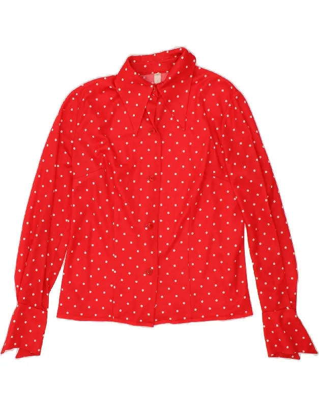 VINTAGE Womens Shirt Blouse UK 14 Large Red Polka Dot Silky Tunic Blouse
