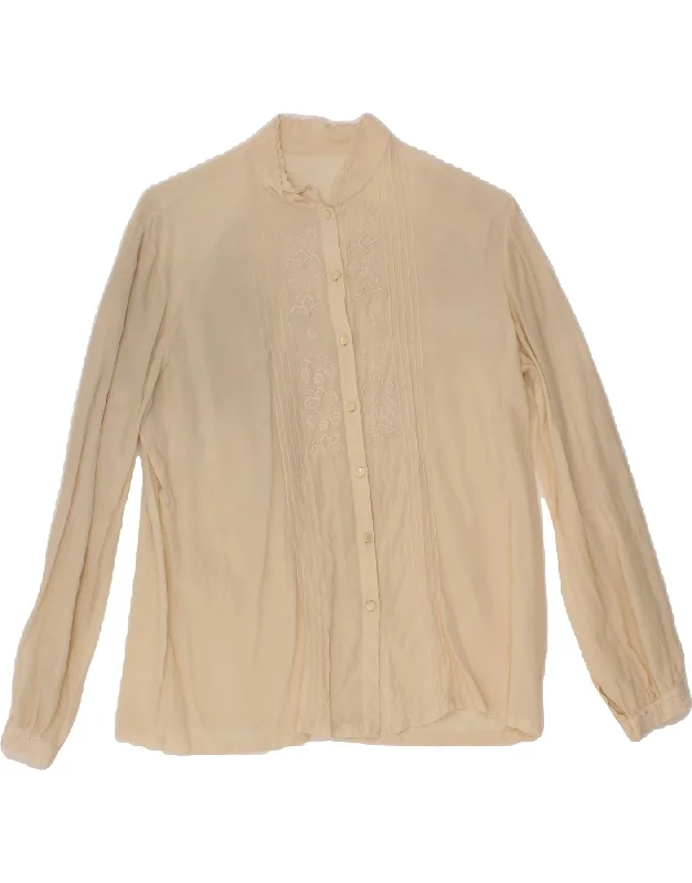 VINTAGE Womens Shirt Blouse UK 14 Medium Beige Floral Feminine Puff Blouse