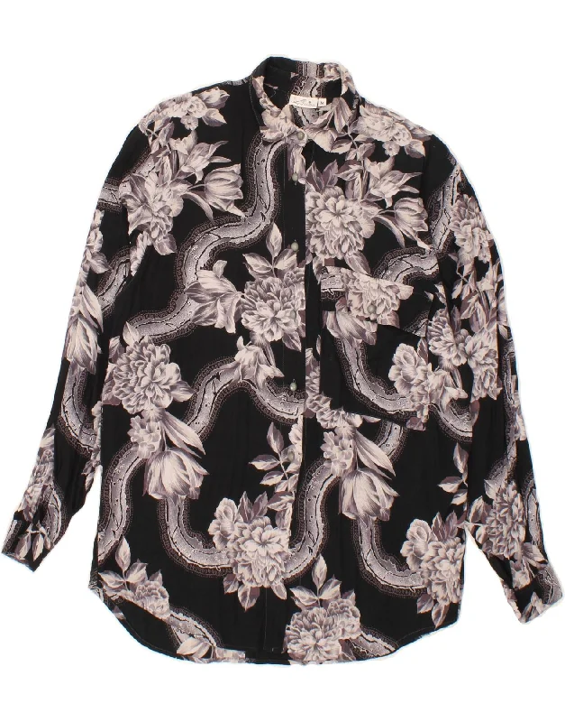 VINTAGE Womens Shirt Blouse UK 14 Medium Black Floral Double Button Blouse