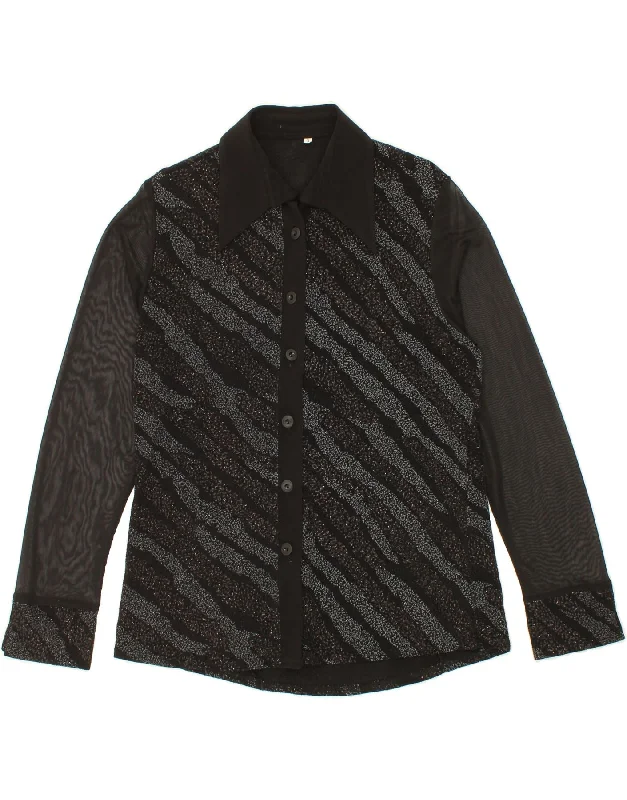 VINTAGE Womens Shirt Blouse UK 14 Medium Black Striped Airy Cotton Blouse