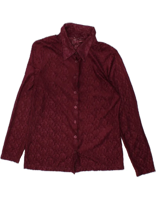 VINTAGE Womens Shirt Blouse UK 14 Medium Burgundy Peter Pan Collar Blouse
