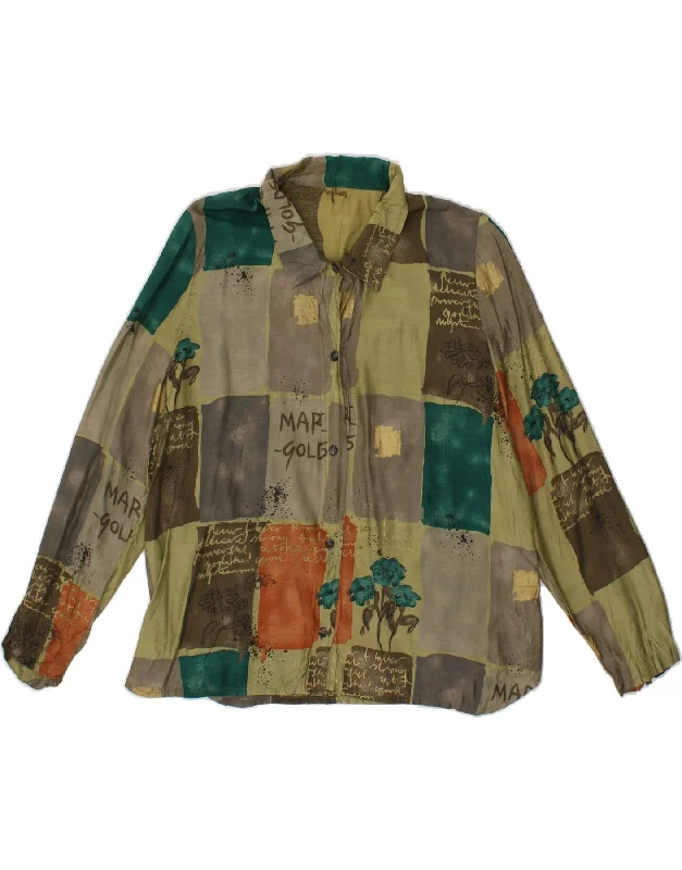 VINTAGE Womens Shirt Blouse UK 14 Medium Green Patchwork Sweetheart Neck Blouse