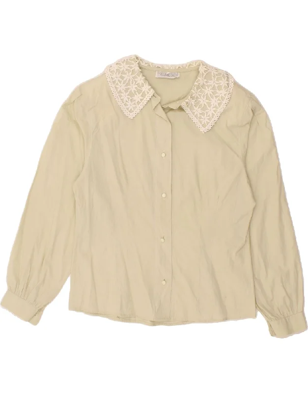 VINTAGE Womens Shirt Blouse UK 14 Medium Grey Cotton Sheer Sleeve Blouse