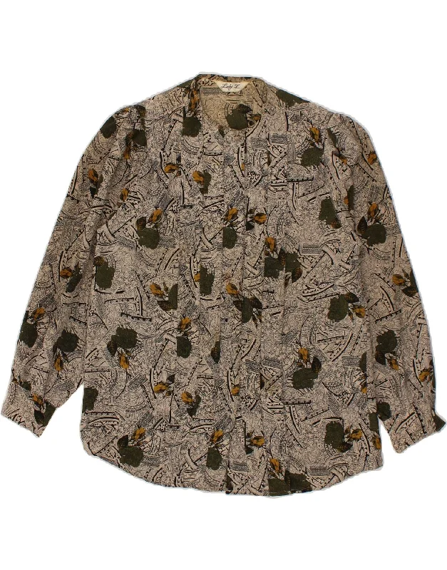 VINTAGE Womens Shirt Blouse UK 14 Medium Grey Floral Polyester Ruched Sleeve Blouse