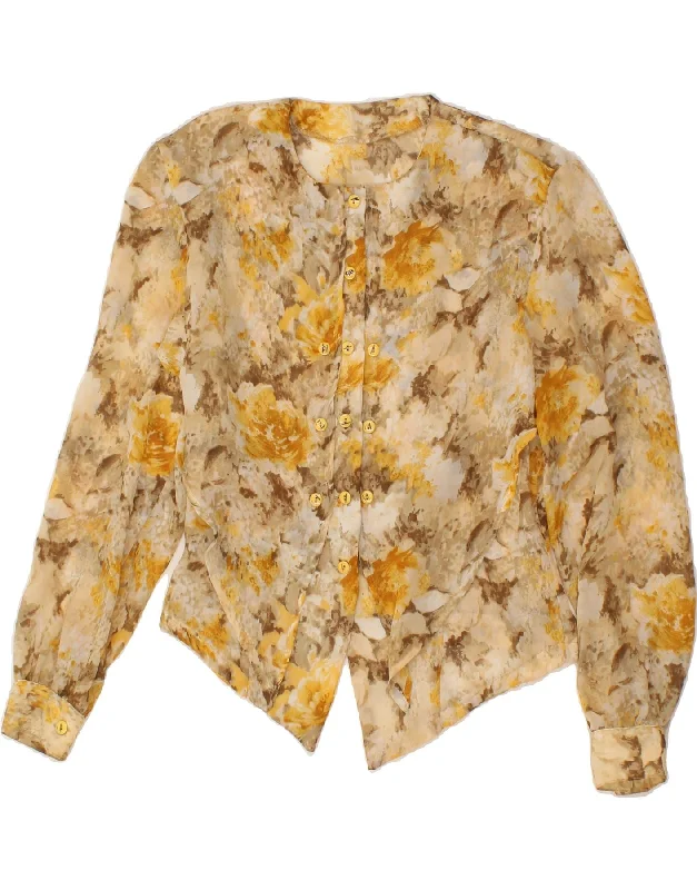 VINTAGE Womens Shirt Blouse UK 14 Medium Yellow Floral Slim Fit Blouse