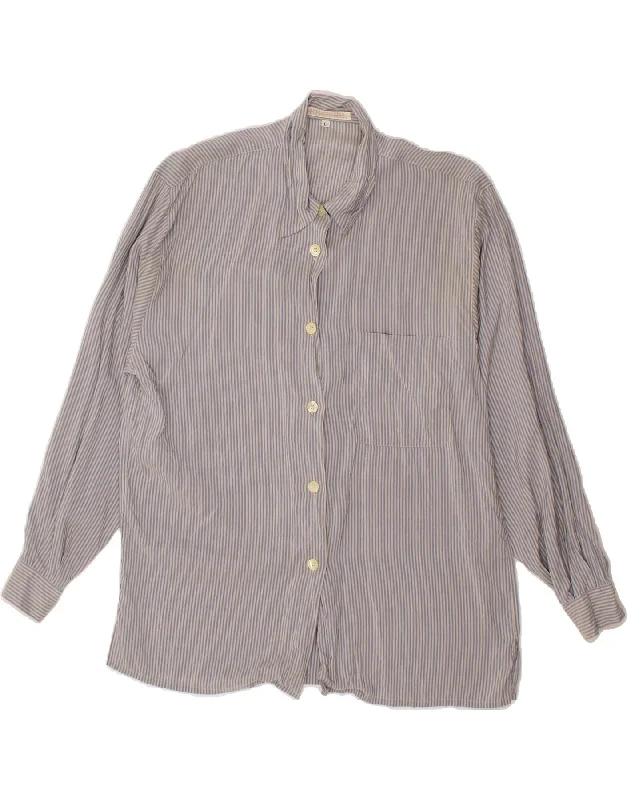 VINTAGE Womens Shirt Blouse UK 16 Large Blue Pinstripe Double Button Blouse