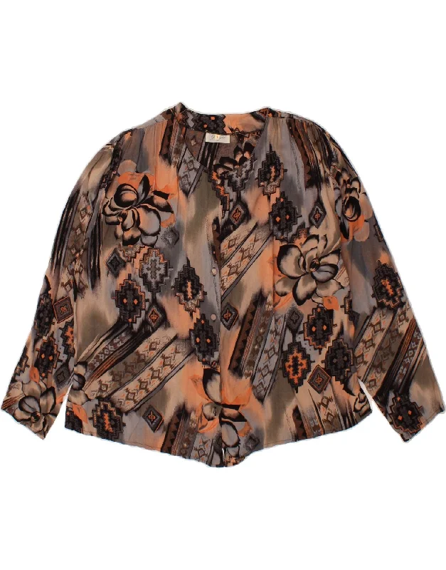 VINTAGE Womens Shirt Blouse UK 16 Large Brown Floral Viscose Sweetheart Neck Blouse