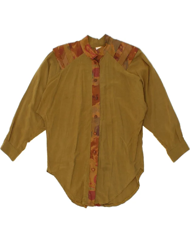VINTAGE Womens Shirt Blouse UK 16 Large Khaki Colourblock Chic Square Blouse