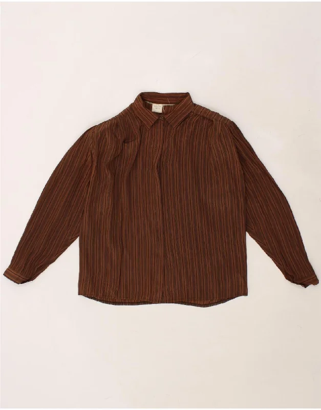 VINTAGE Womens Shirt Blouse UK 18 XL Brown Striped Silk Pleated Collar Blouse