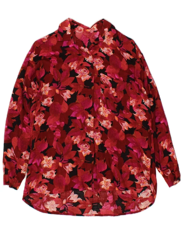 VINTAGE Womens Shirt Blouse UK 20 2XL Red Floral Embroidered Cotton Blouse
