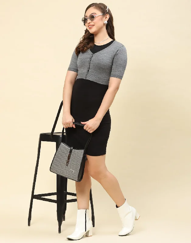 Women Grey Solid V Neck Half Sleeve Blouse Polished Work Blouse