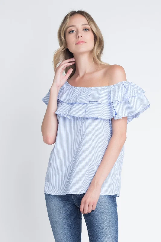 Women's Striped Off Shoulder Ruffle Stripe Blouse Flowy Bohemian Blouse