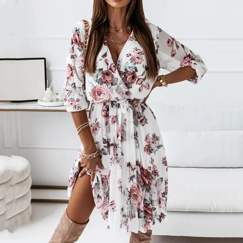 LIPSWAG Classy Chiffon Multi Choice Sleeve V-Neck Mini Dress Stylish Short-Sleeve Mini Dress