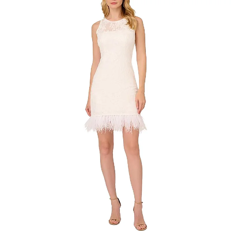 Adrianna Papell Womens Lace Ostrich Feather Mini Dress Modern Satin Mini Dress