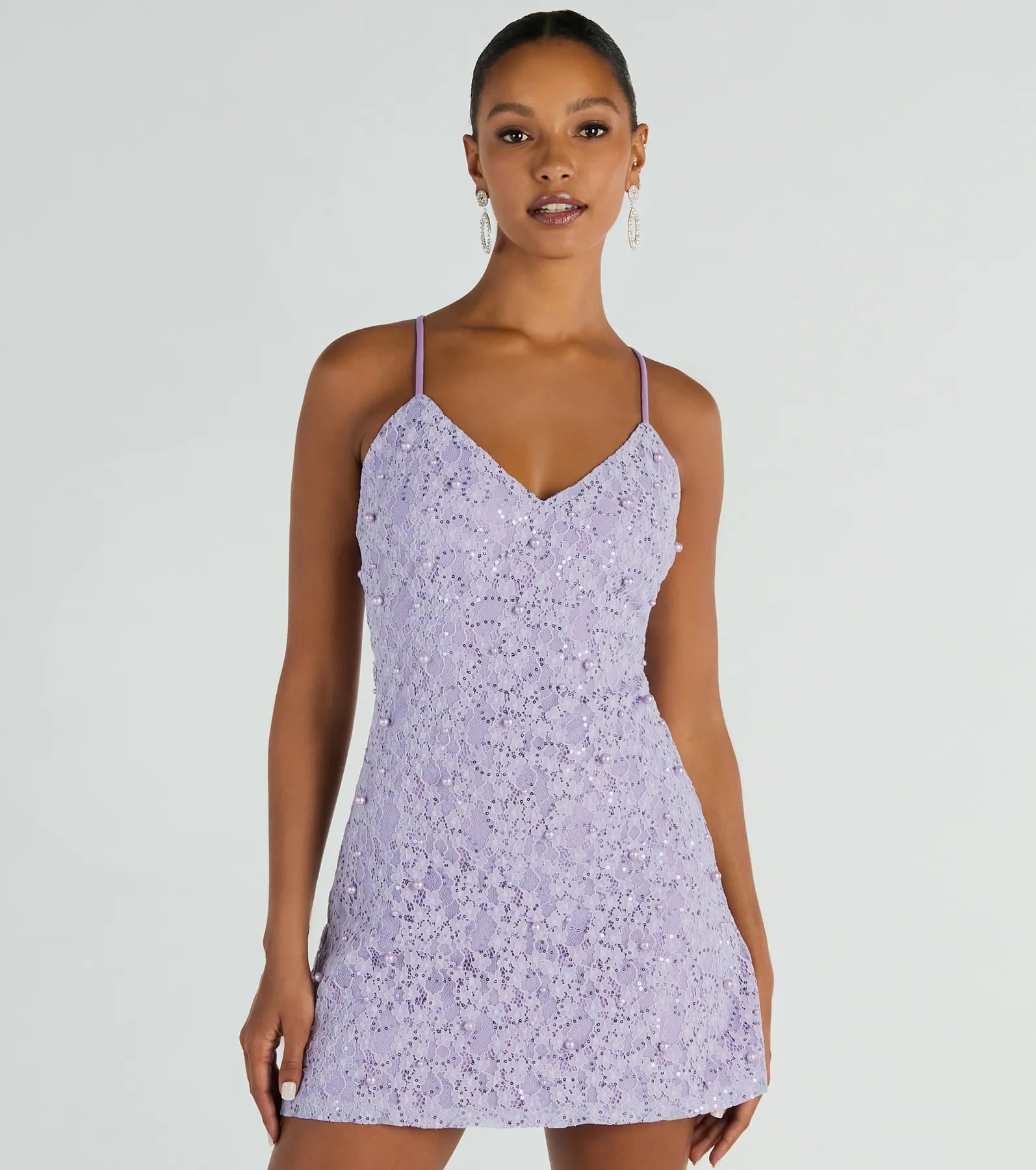 All The Splendor A-Line Faux Pearl Lace Mini Dress Casual V-Neck Mini Dress