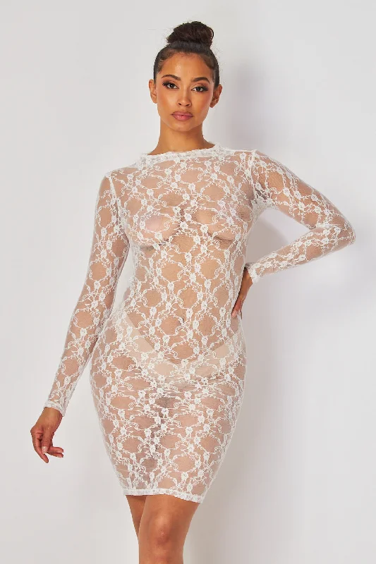 Baecation Lace Mock Neck Long Sleeve Mini Dress Fashionable Lace Mini Dress