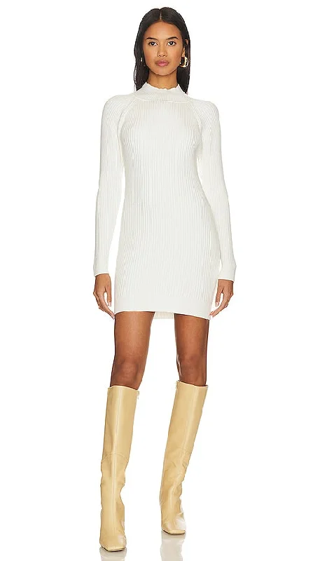 Bardot Rib Knit Mini Dress in White Cozy Cowl Neck Mini Dress