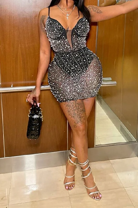 Beaded & Rhinestone Decor Glittery See-Through Mini Dress Fashionable Button-Front Mini Dress