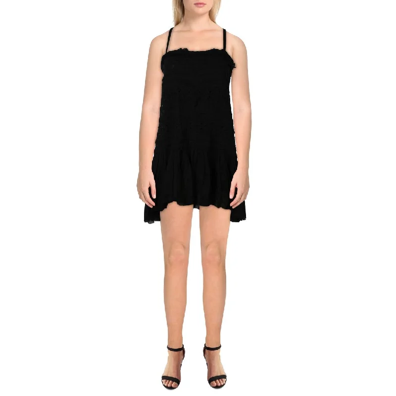 Womens Cotton Ruffled Mini Dress Fashionable Lace-Trim Mini Dress