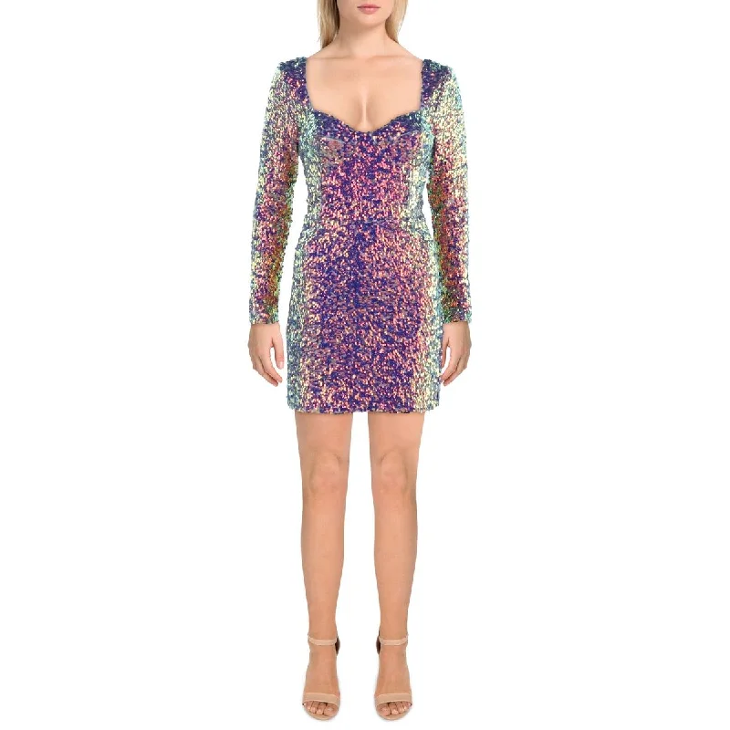 Danica Womens Mesh Sequined Mini Dress Casual Mini Dress with Pockets