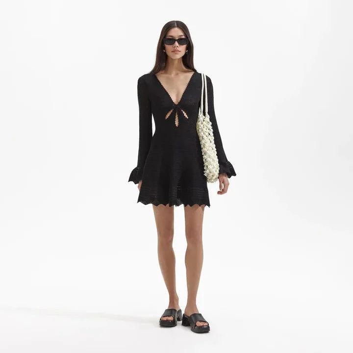 BLACK CROCHET MINI DRESS Fashionable Mini Dress with Frills