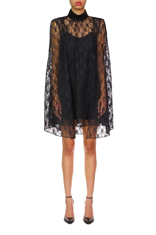 Black Floral Lace Cape Mini Dress Comfortable One-Shoulder Mini Dress