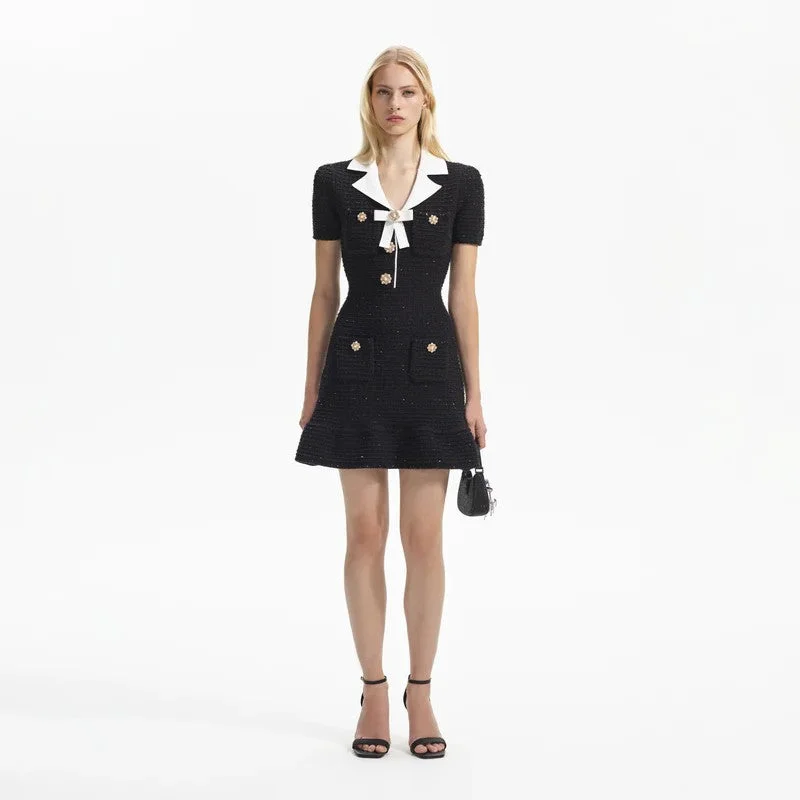 BLACK KNIT BOW MINI DRESS Trendy A-Line Mini Dress
