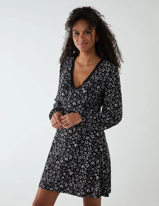 Lace Trimmed Mini Dress Elegant Floral-Print Mini Dress