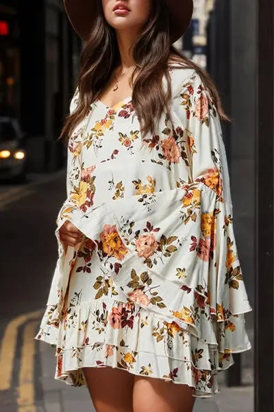 Blue Zone Planet |  Flower V-Neck Flare Sleeve Mini Dress Stylish Plaid Mini Dress