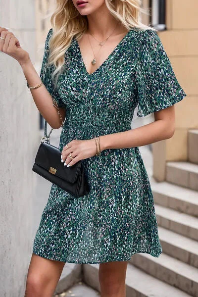 Blue Zone Planet |  Printed Smocked Crisscross V-Neck Mini Dress Cozy A-Line Mini Dress